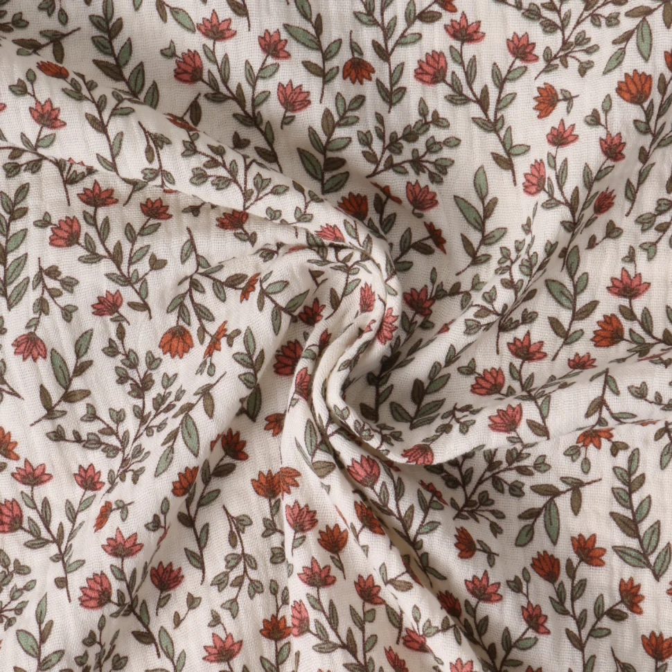 Coupon Tissu Double gaze de Coton Liorine fleurs Rouge brique sur fond Ivoire - Coupon de 100 cm