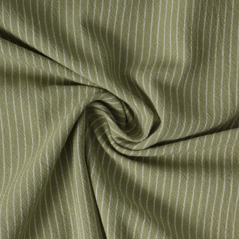 Coupon Tissu Polycoton  Hugo rayures Blanches 3mm sur fond Vert olive - Coupon de 50 cm