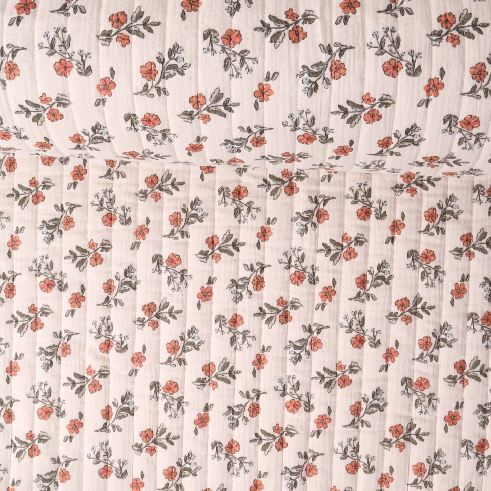 Tissu Double gaze Matelassé réversible  Lina fleurs oranges sur fond Beige
