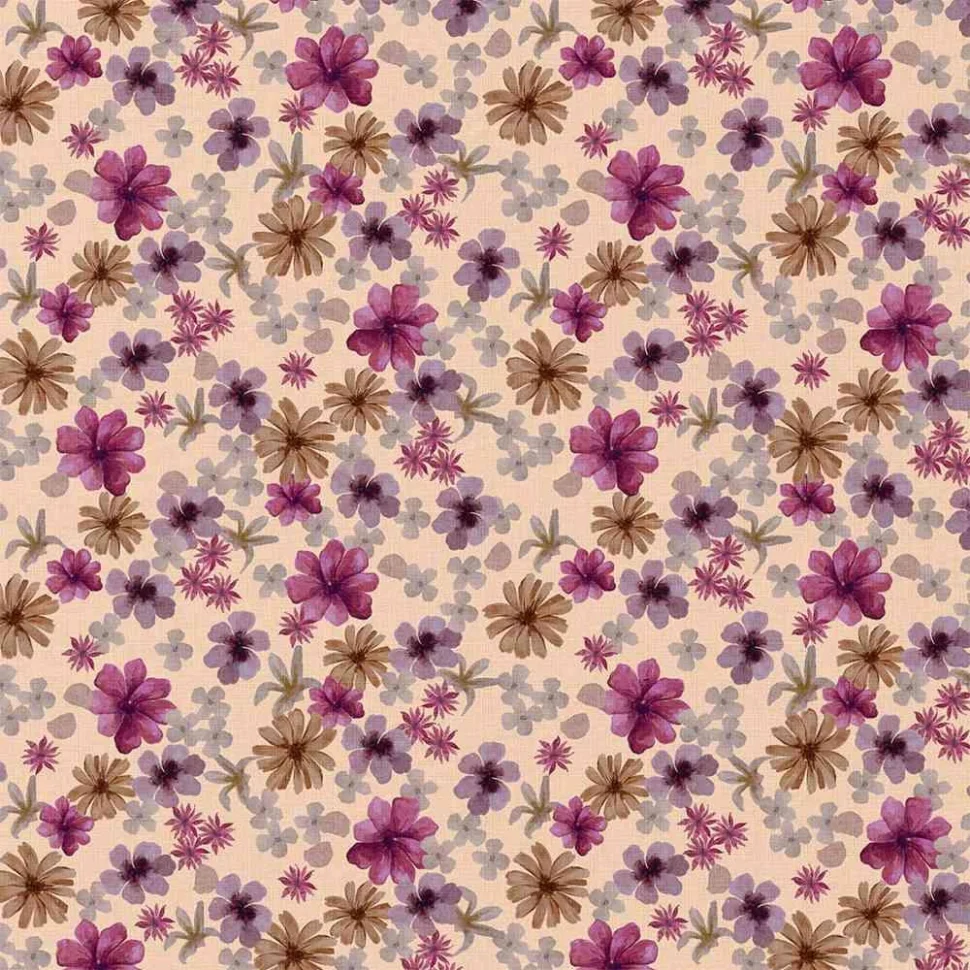 Tissu Coton imprimé Aurore fleurs Violettes sur fond Rose nude