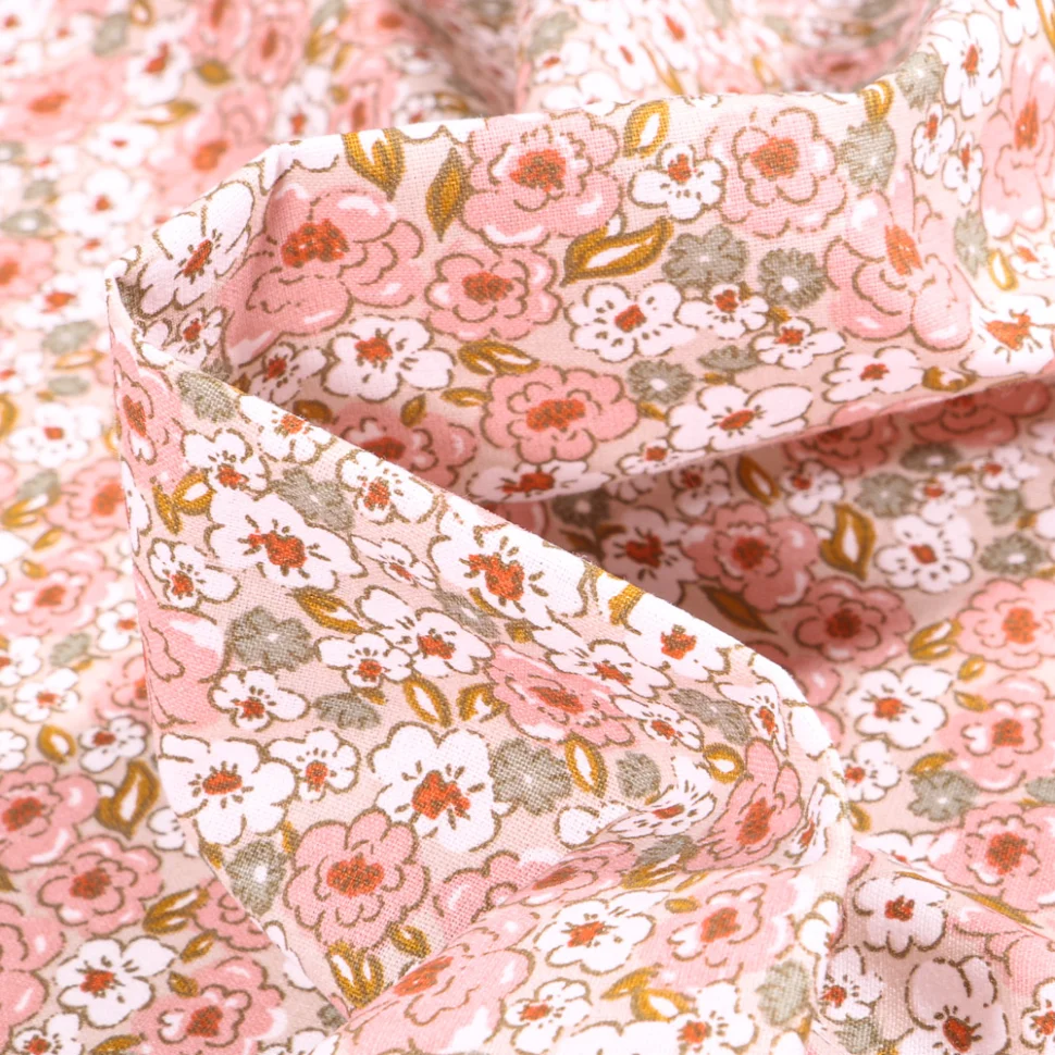 Coupon Tissu Coton imprimé Arty Kalmia sur fond Rose - Coupon de 20 cm