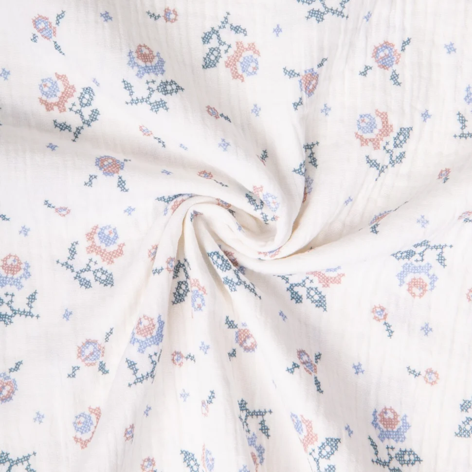 Tissu Double gaze de Coton Amina fleuris pastel sur fond Blanc cassé