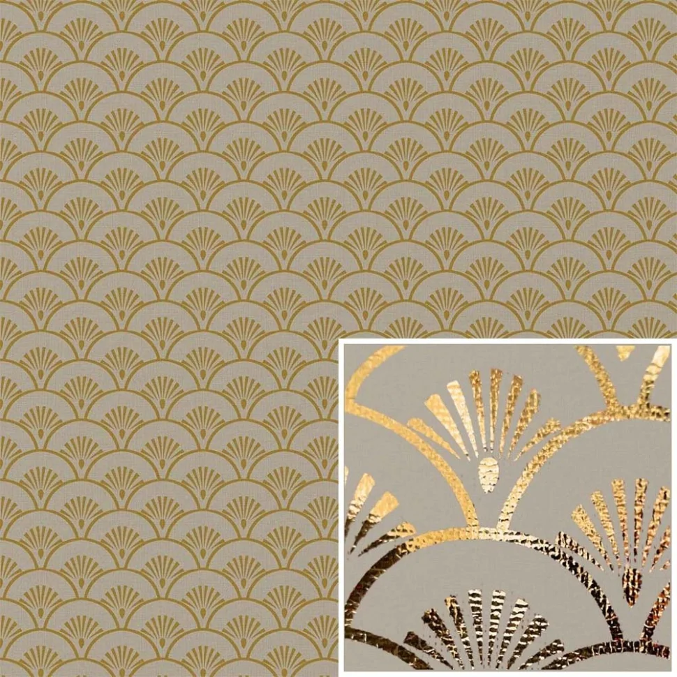 Coupon Tissu Canvas effet Lin Eventails dorés sur fond Naturel - Coupon de 20 cm