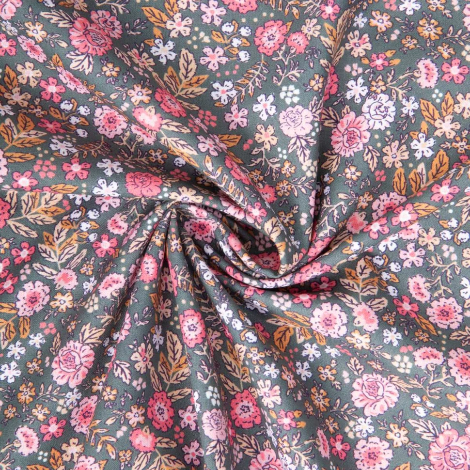 Tissu Coton imprimé Arty Barjay fleuris kaki et rose sur fond Gris