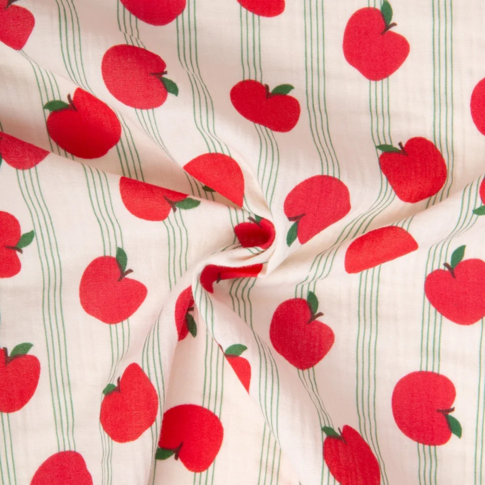 Tissu Double gaze de Coton Bigapple pommes rouges sur fond Ecru