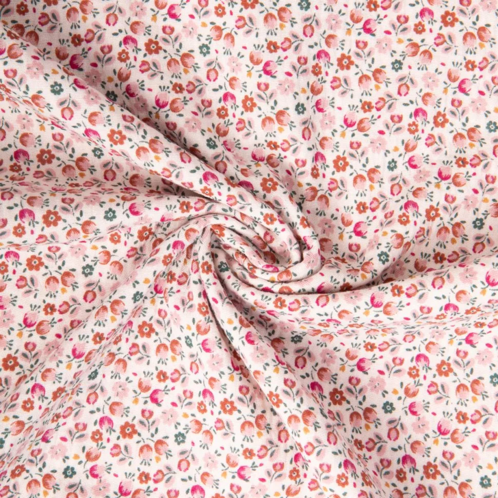 Tissu Double gaze de Coton Caseille fleuris rose sur fond Blanc