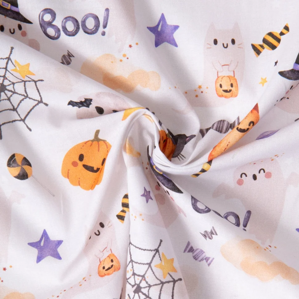 Tissu Coton imprimé Caspek fantômes et citrouilles Halloween sur fond Blanc cassé