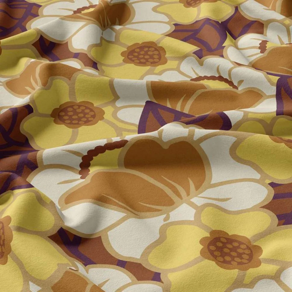Tissu Viscose imprimé Clemone fleuris jaune sur fond Ecru