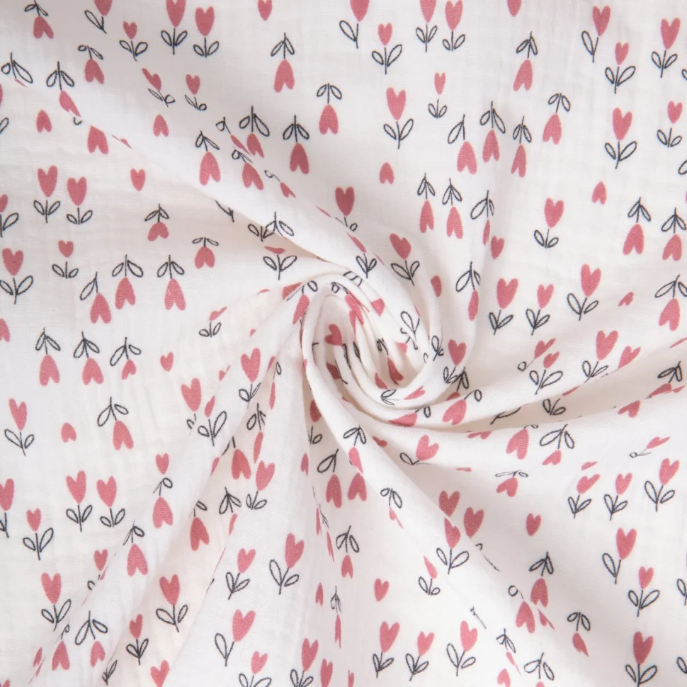 Tissu Double gaze de Coton Coudkeur fleuris rose sur fond Blanc cassé