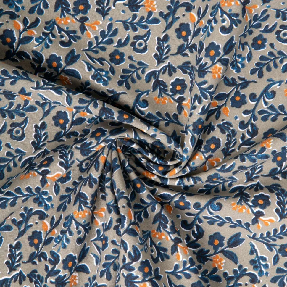 Tissu Coton imprimé Arty Ekhmet fleuris bleu sur fond Gris