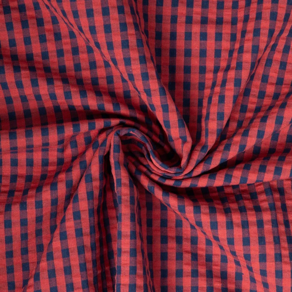 Tissu Seersucker Coton Eli Carreaux brique sur fond Bleu marine