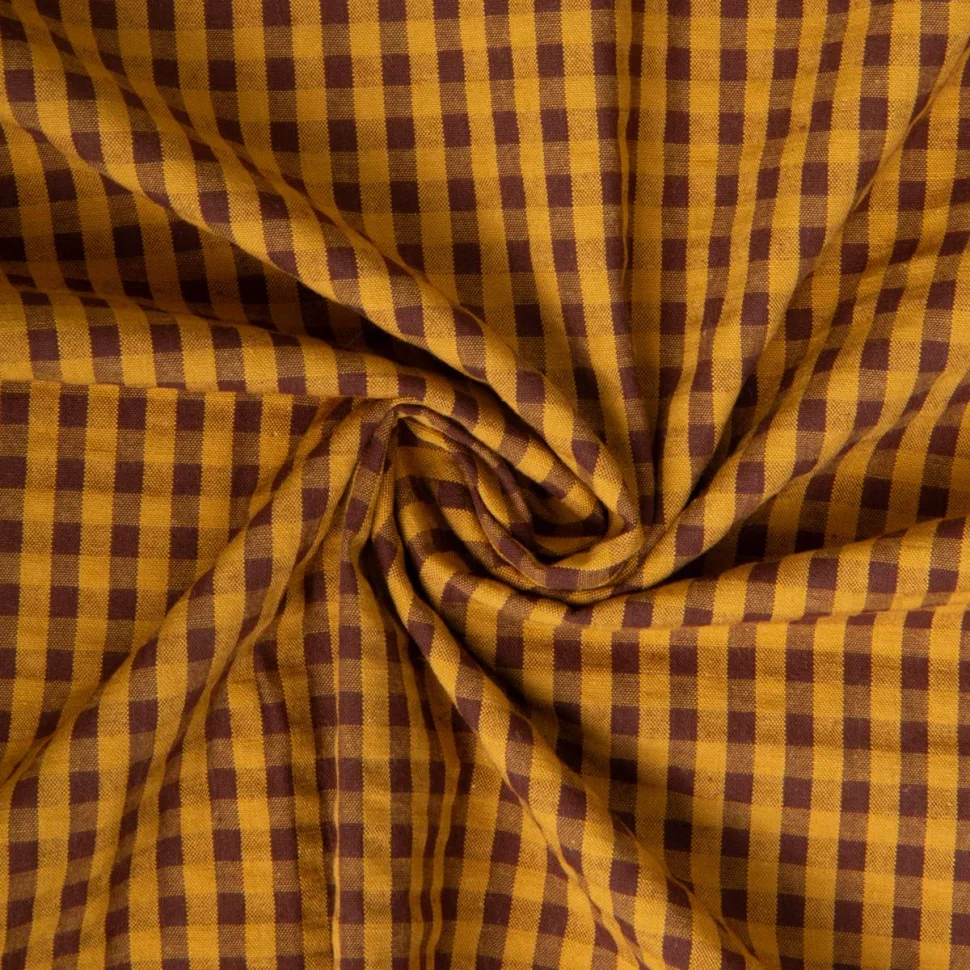 Tissu Seersucker Coton Eli Carreaux cacao sur fond Ocre
