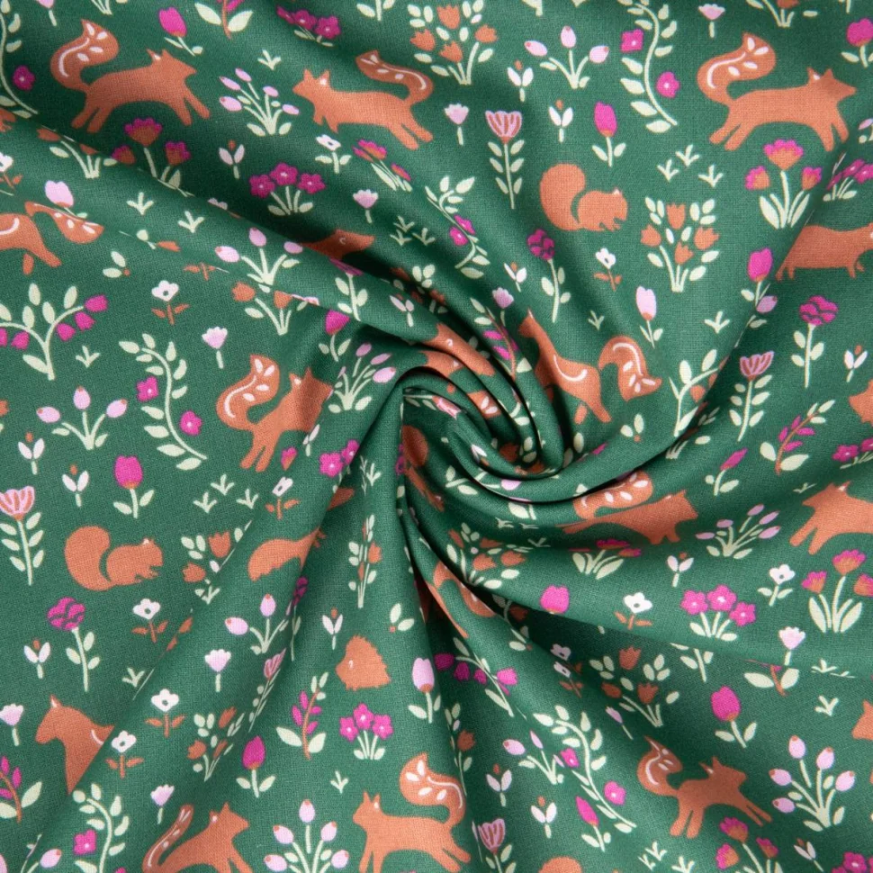 Tissu Coton imprimé Arty Faunia fleuris et animaux sur fond Vert