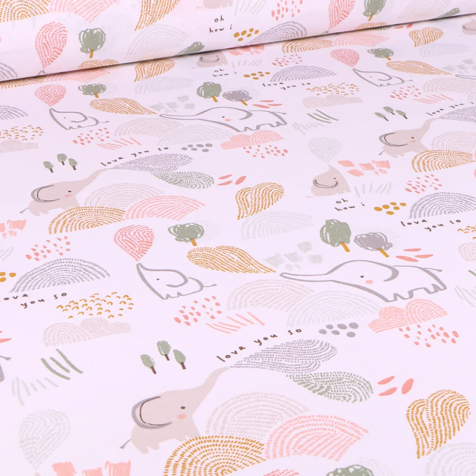 Coupon Tissu Coton imprimé Arty Eléphant aqua sur fond Blanc - Coupon de 10 cm