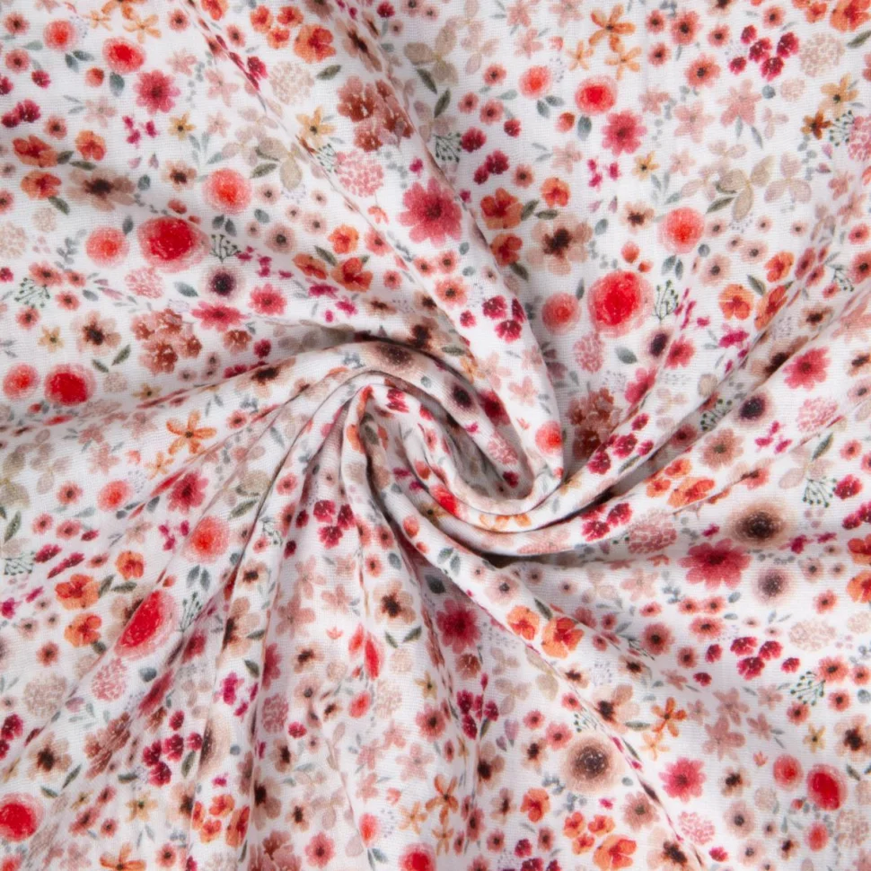 Tissu Double gaze de Coton digital Hortense fleuris Rouge et beige sur fond Blanc