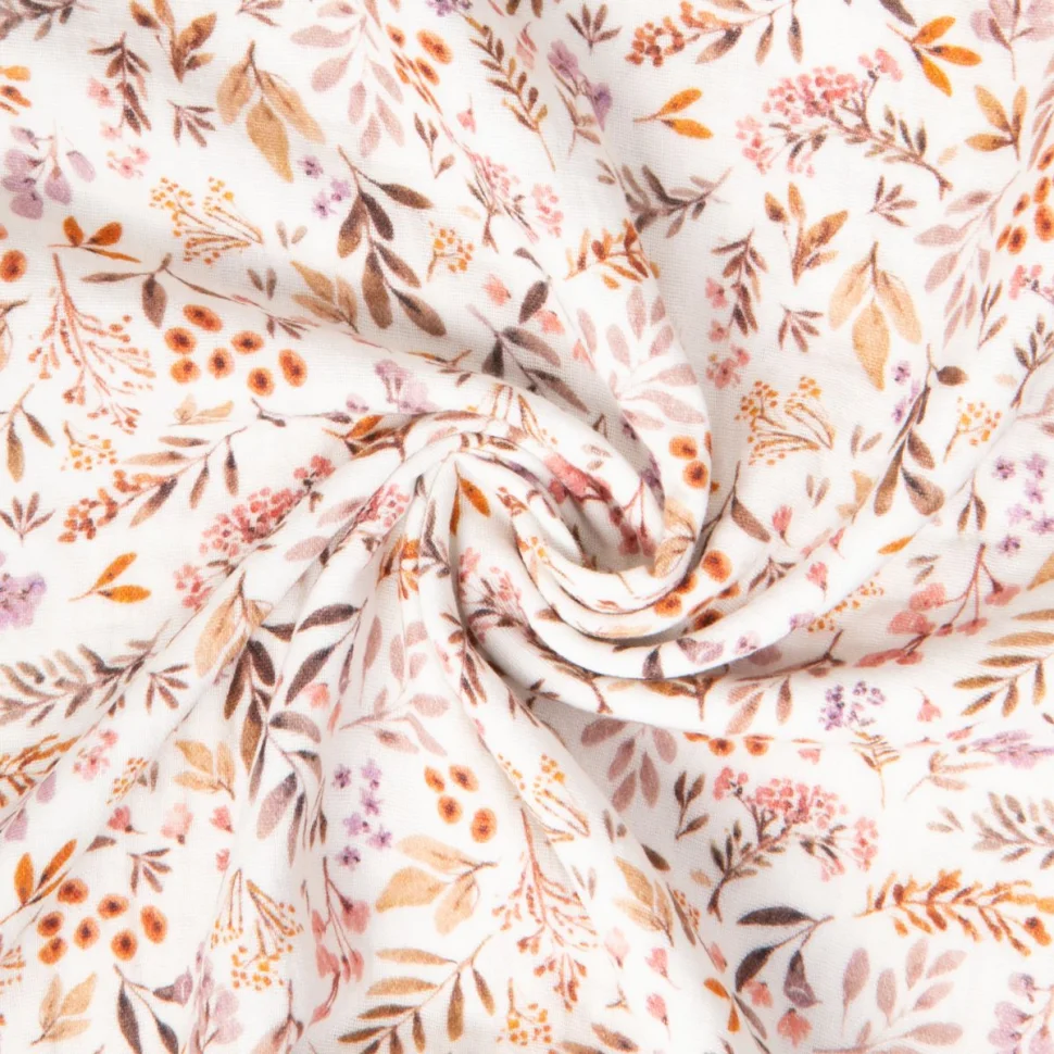 Tissu Double gaze de Coton digital Ivina fleuris sur fond Blanc cassé