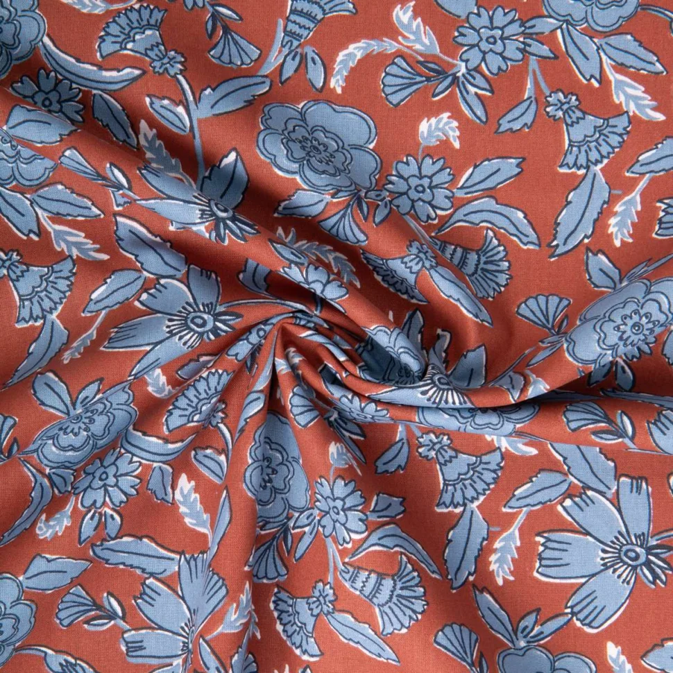 Tissu Coton imprimé Arty Jaeli floral bleu sur fond Marron