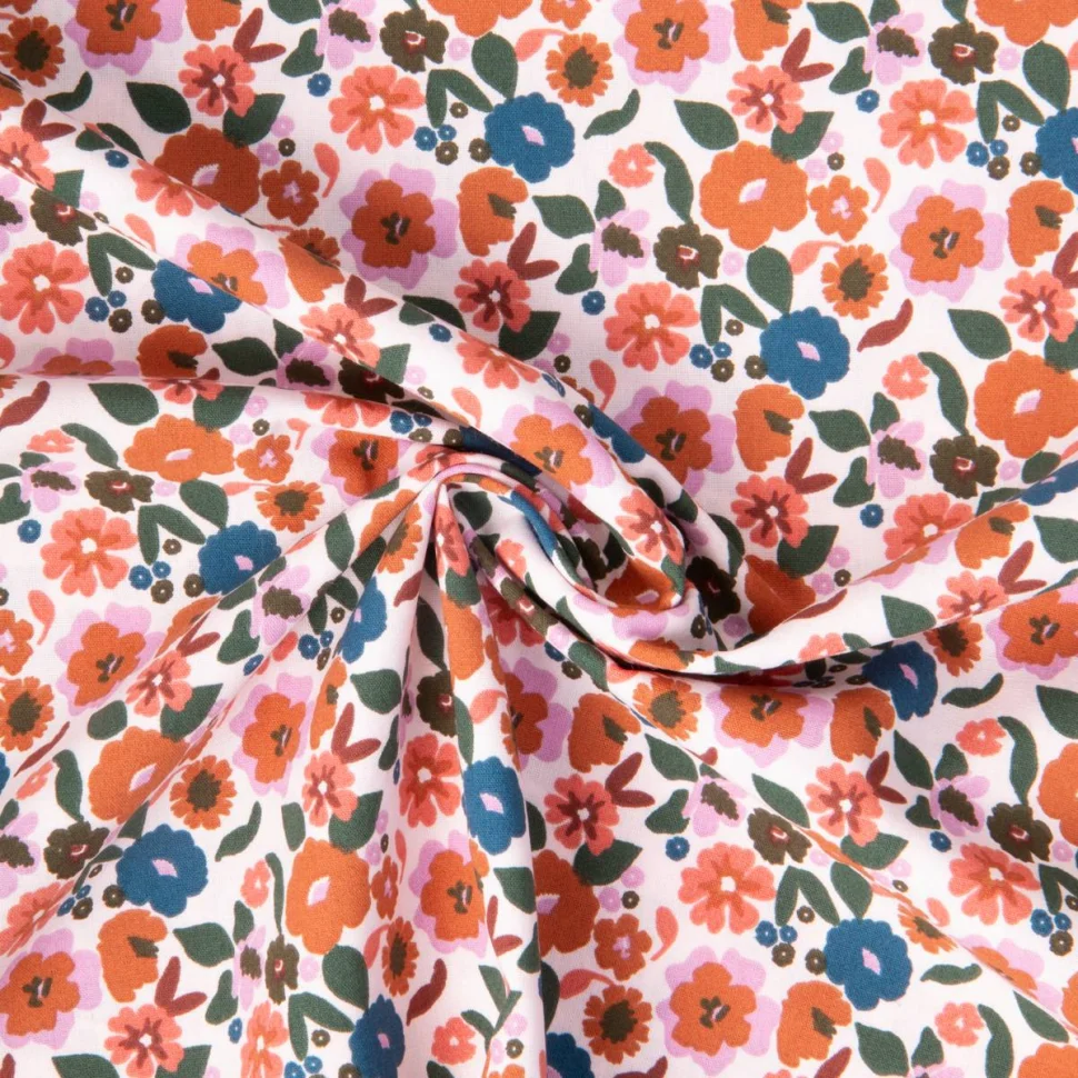 Tissu Coton imprimé Arty Jany fleuris sur fond Ecru