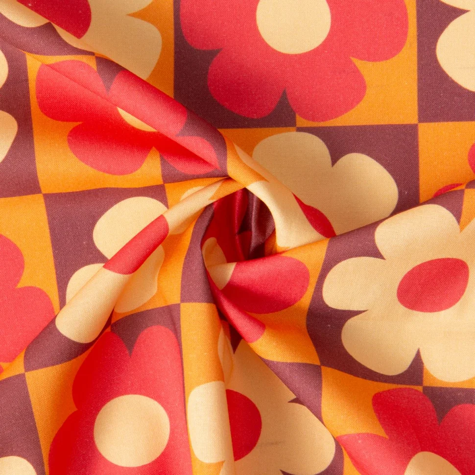 Tissu Coton imprimé Jolence Fleurs rouge et blanche sur fond Prune