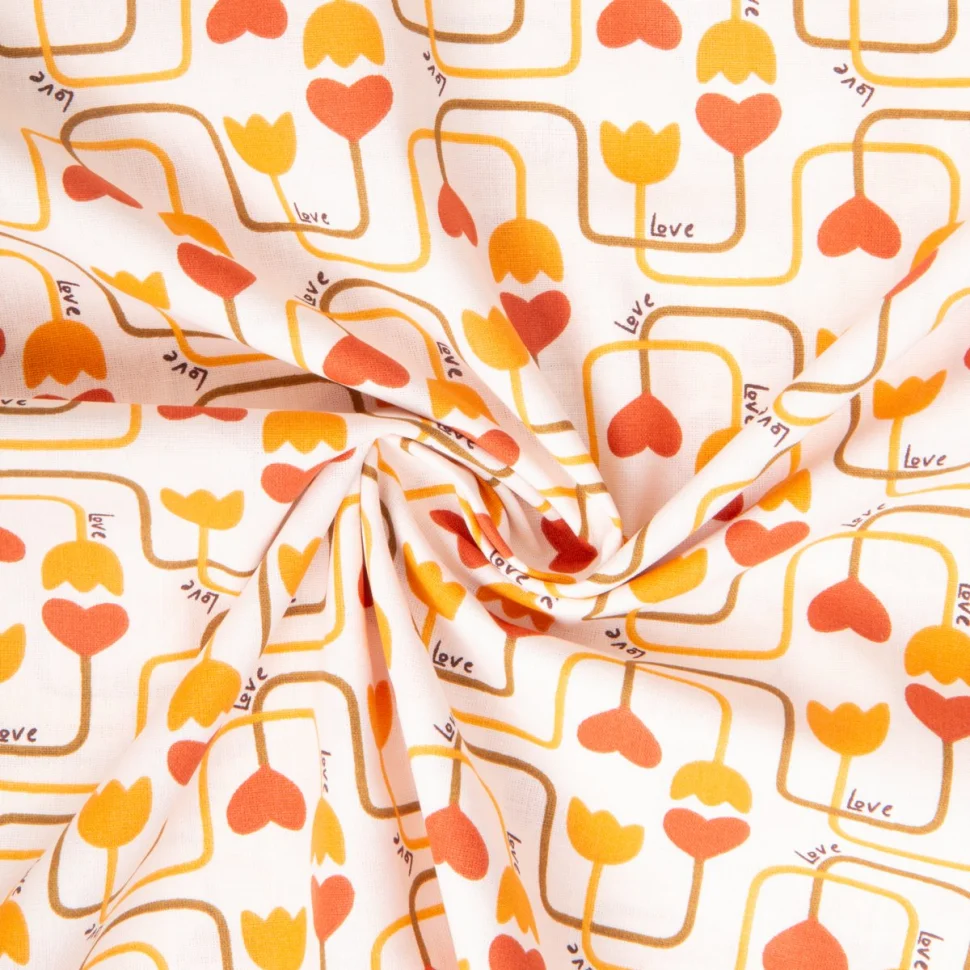 Tissu Coton imprimé Arty Kristie écru et orange sur fond Ecru