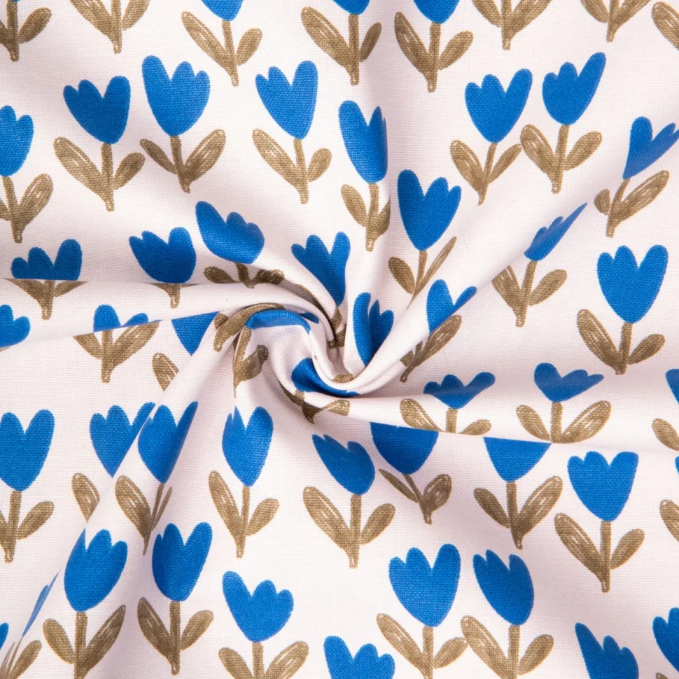 Tissu Toile de Coton Demi natté Latulipe bleu sur fond Blanc cassé