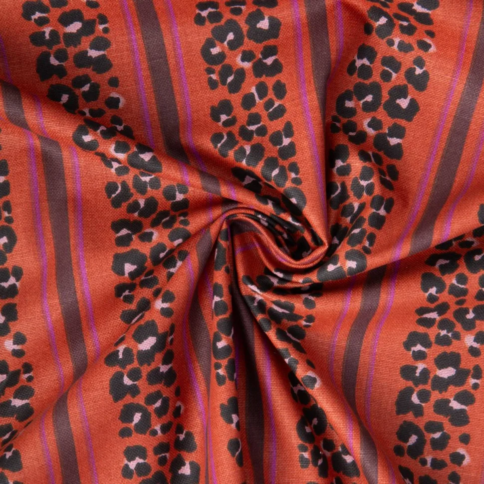 Tissu Toile de Coton Demi natté Leoli Léo rayé sur fond Terracotta