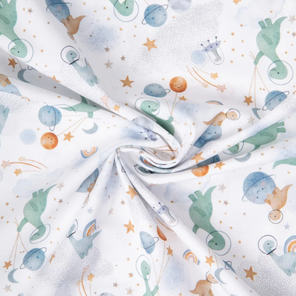 Tissu Coton imprimé digital Arty Ludidi dino dans l'espace sur fond Blanc