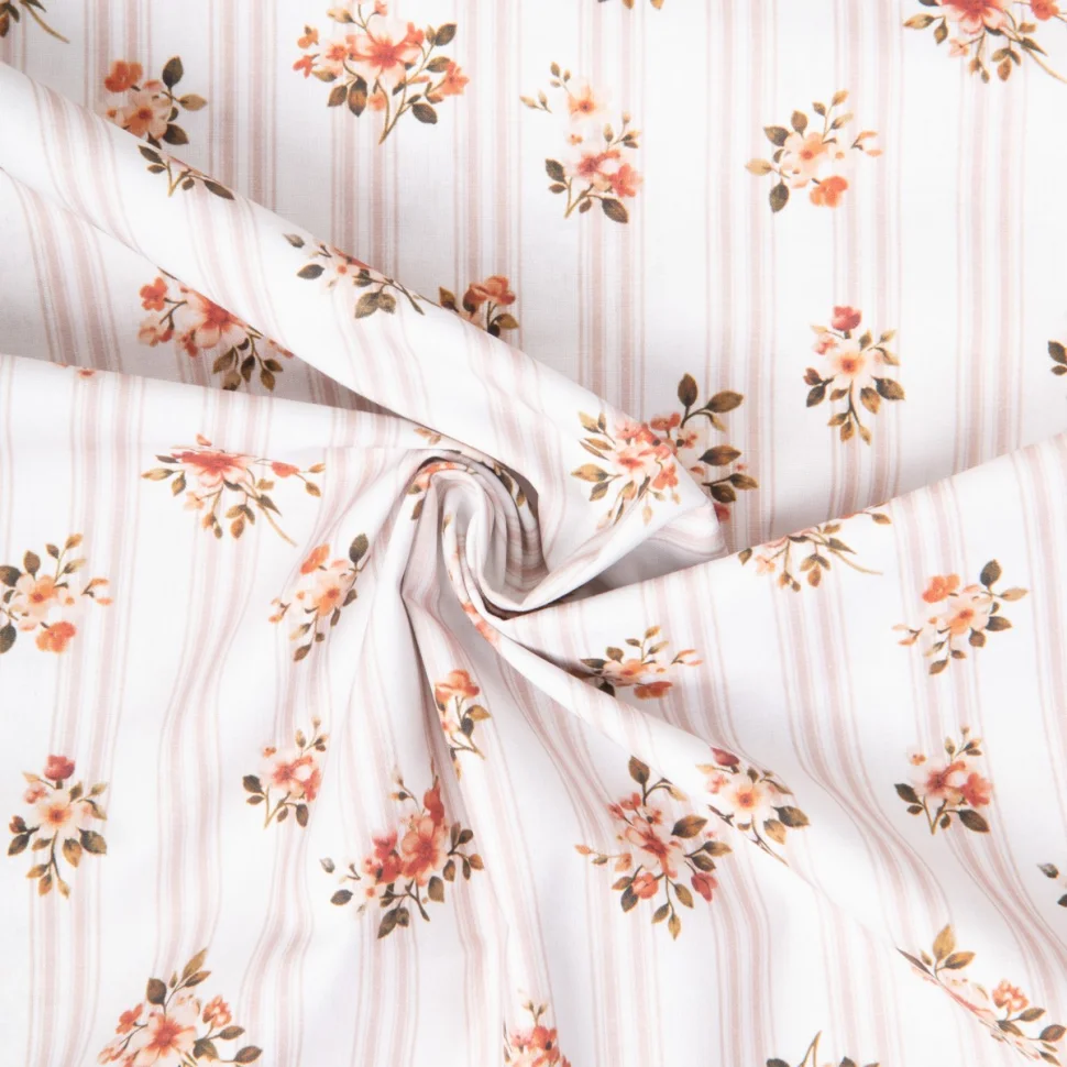 Tissu Coton imprimé digital Arty Maritoinette fleuris et rayures sur fond Blanc