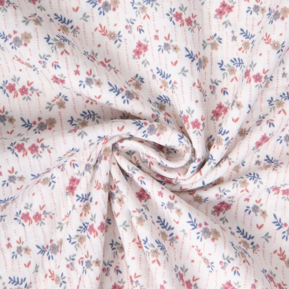 Tissu Double gaze de Coton Marthe fleuris rayé sur fond Blanc cassé