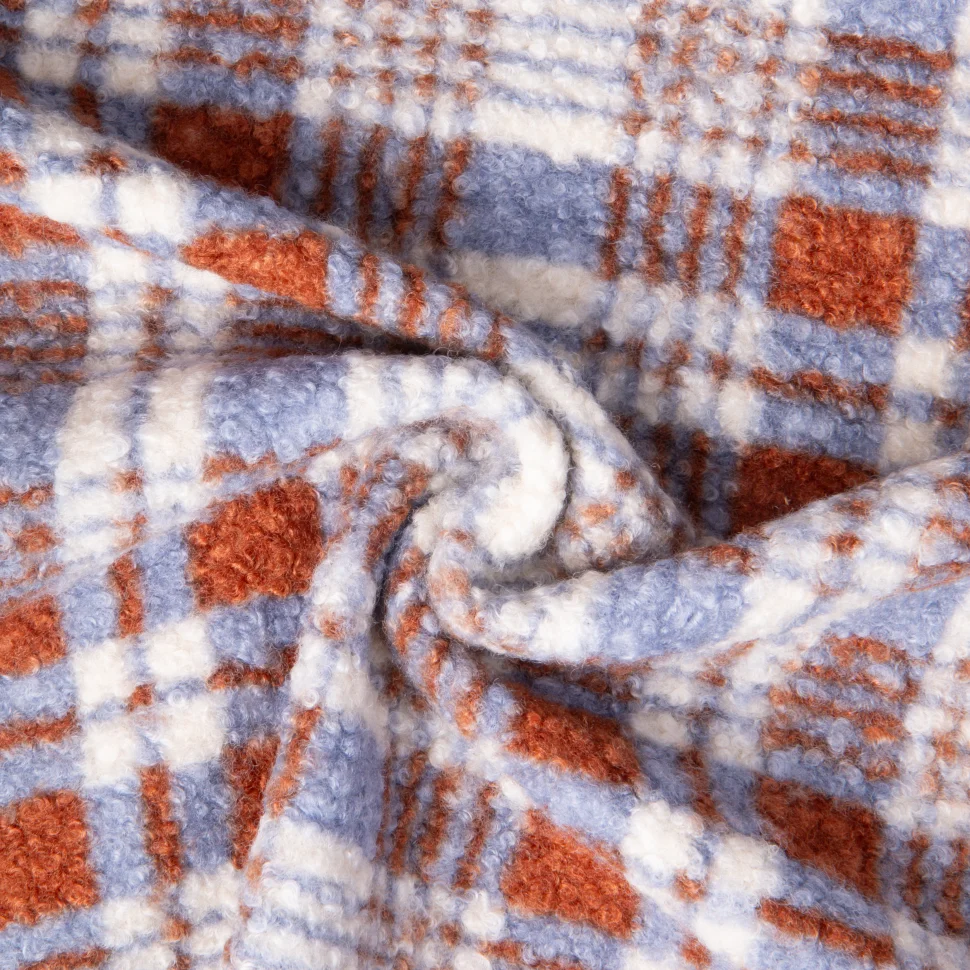 Tissu Bouclette Curly imprimé carreaux Bleu sur fond Ecru