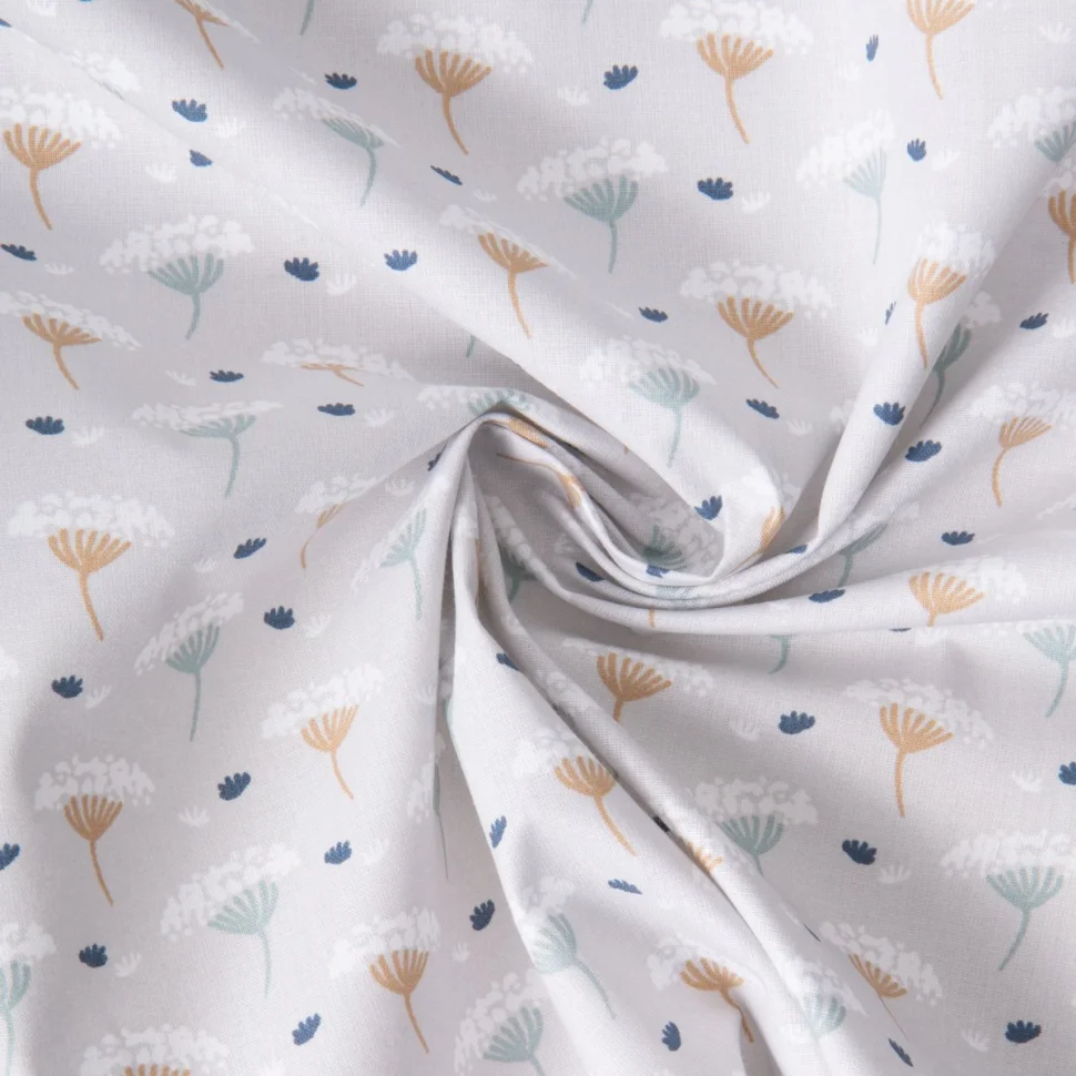 Tissu Coton imprimé Ombelle Fleurs sur fond Bleu gris
