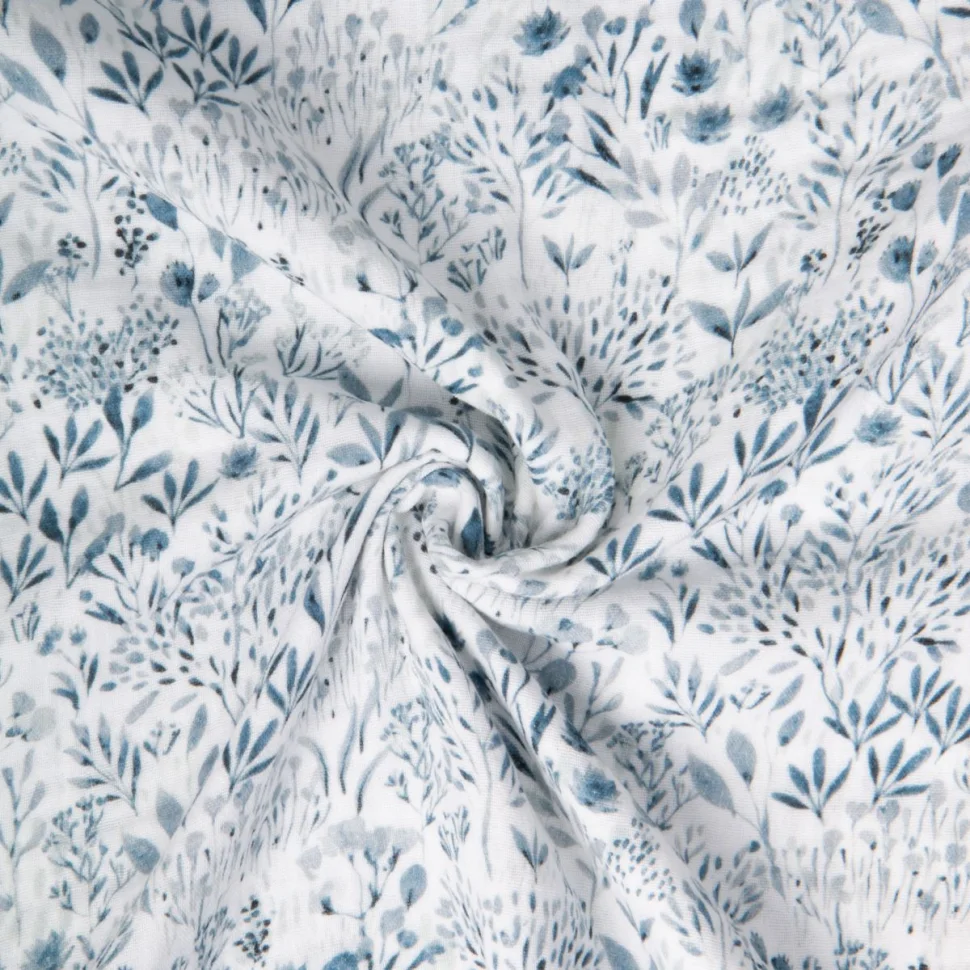 Tissu Double gaze de Coton digital Poacees fleuris bleu sur fond Blanc