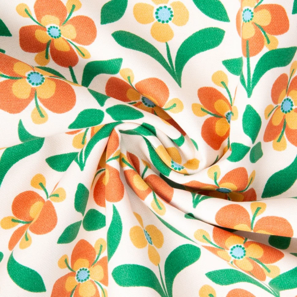 Tissu Toile de Coton Demi natté Popretro Fleuris orange et vert sur fond Ecru