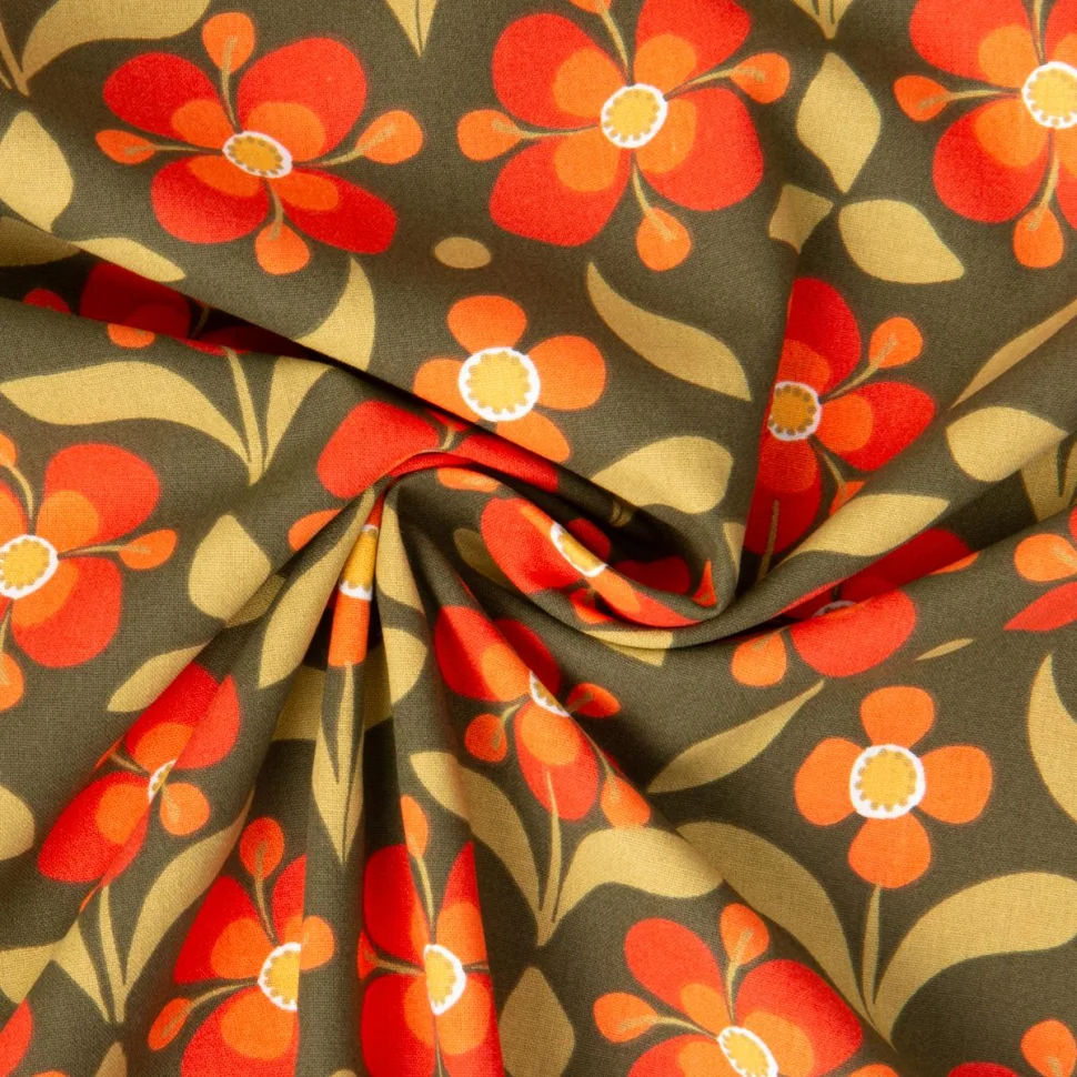Tissu Coton imprimé Arty Popretro Fleuris orange et vert sur fond Vert foncé