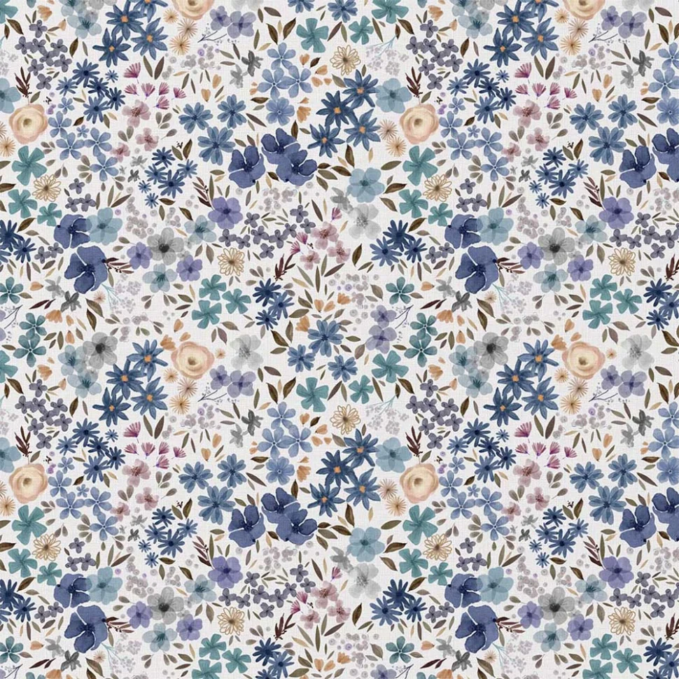 Tissu Coton imprimé digital Arty Romane fleuris bleu sur fond Blanc