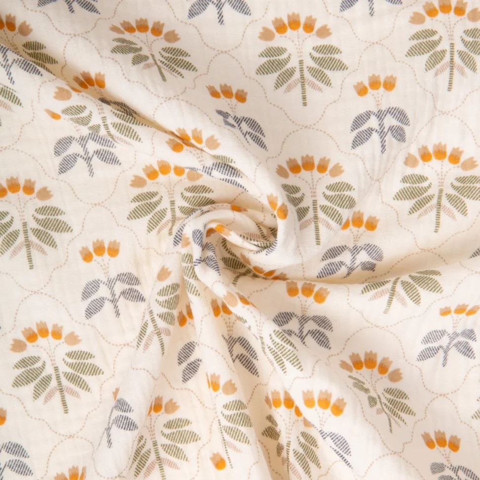 Tissu Double gaze de Coton Sevigne fleuris vert et orange sur fond Ecru
