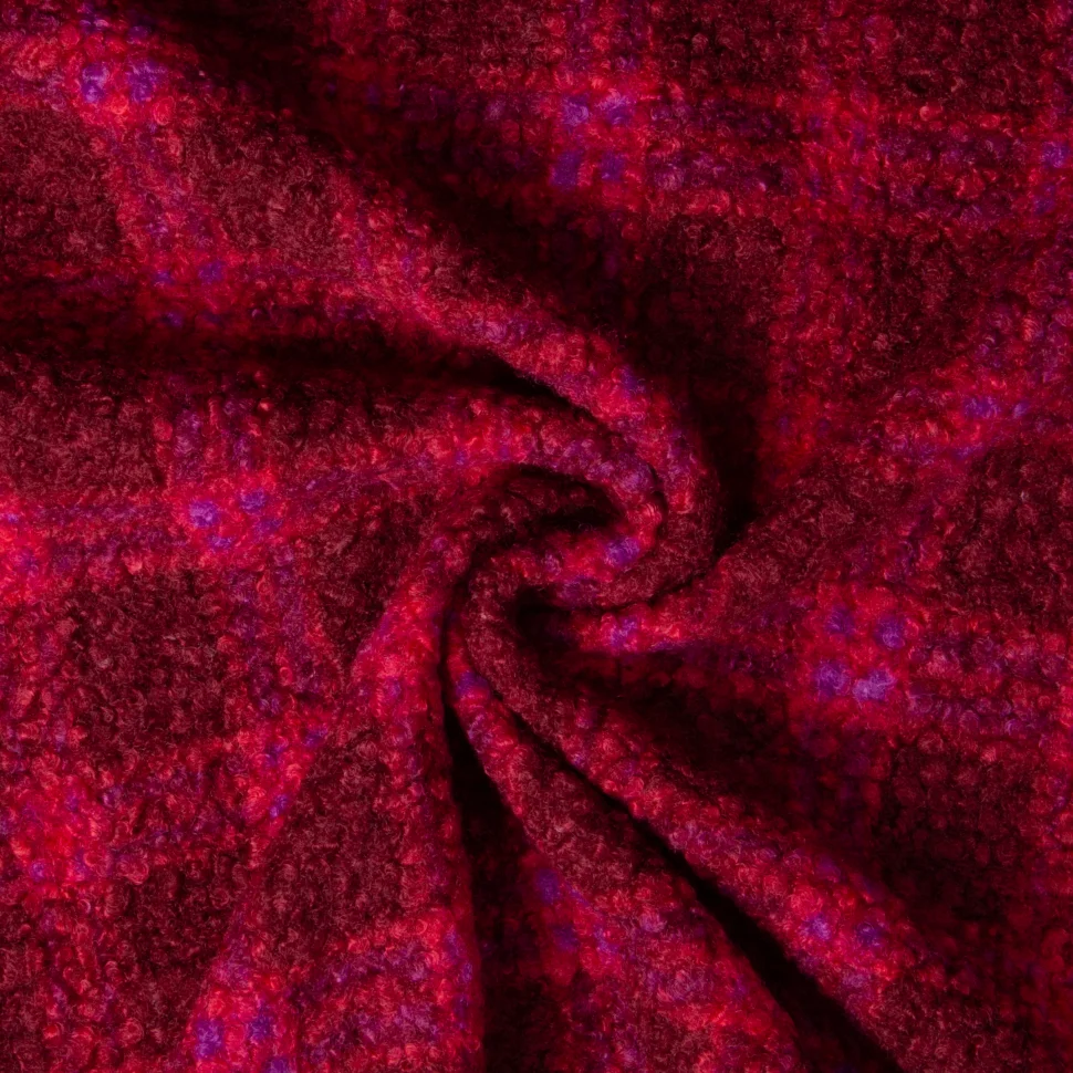 Tissu Bouclette Curly imprimé carreaux Violet sur fond Bordeaux