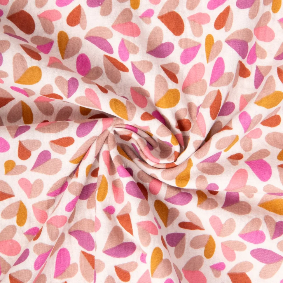 Tissu Double gaze de Coton Tandem coeur sur fond Blanc cassé