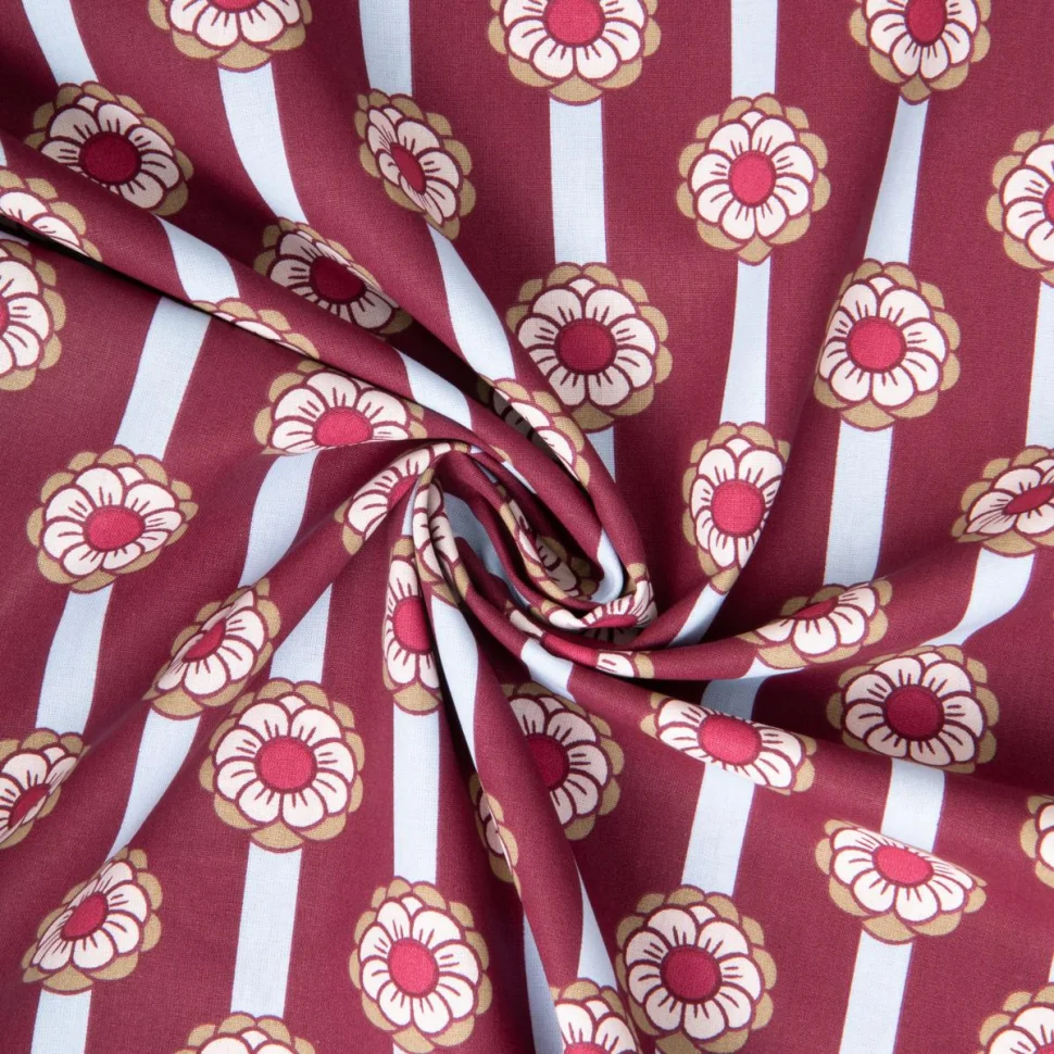 Tissu Coton imprimé Arty Tolina rayé et fleur sur fond Bordeaux