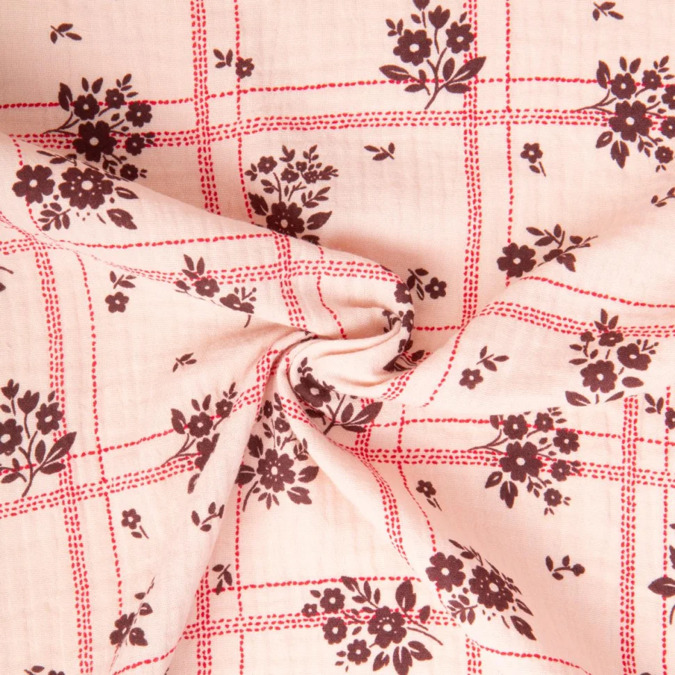 Tissu Double gaze de Coton Vinnie fleuris quadrillé sur fond Rose clair