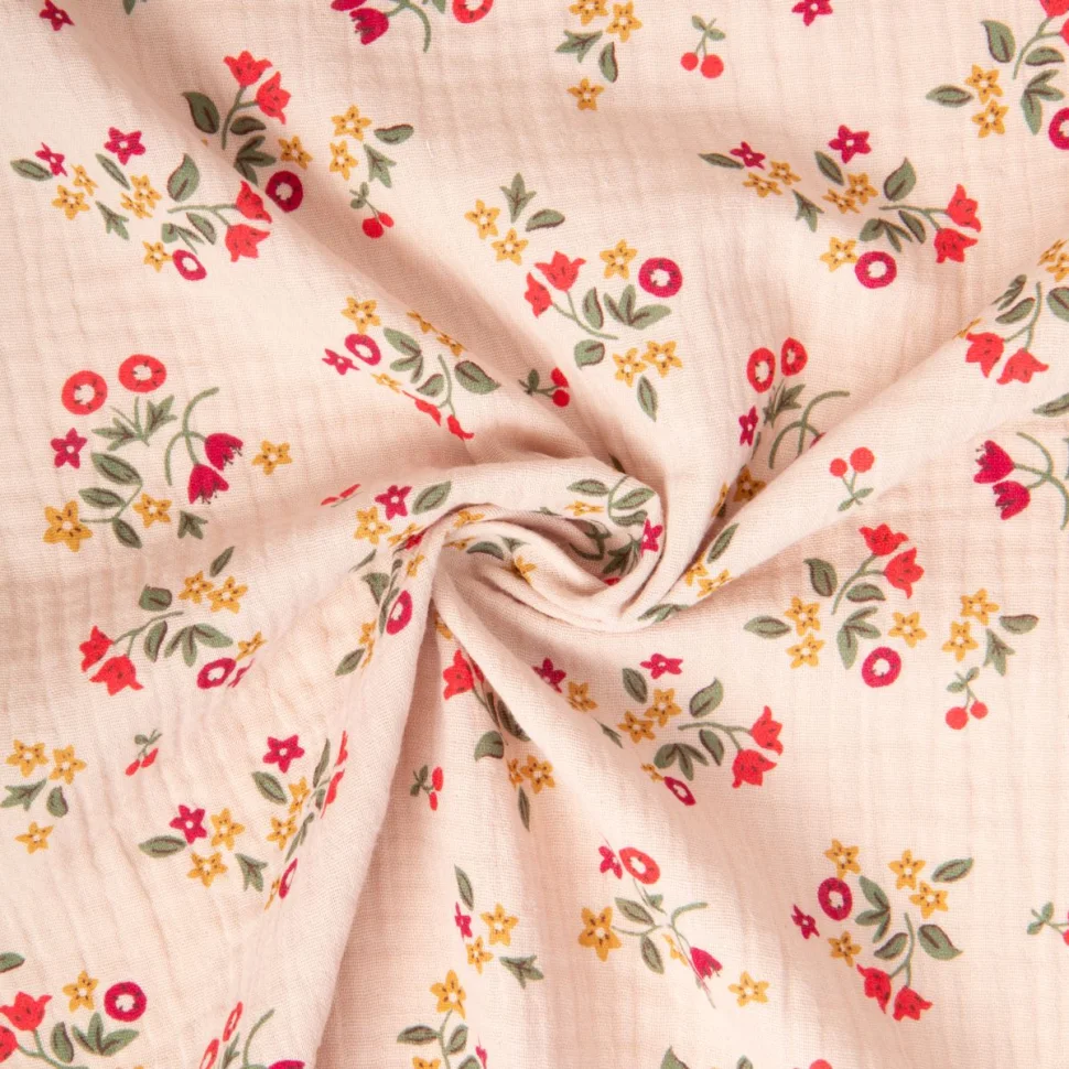 Tissu Double gaze de Coton Zinella fleuris rouge sur fond Lin