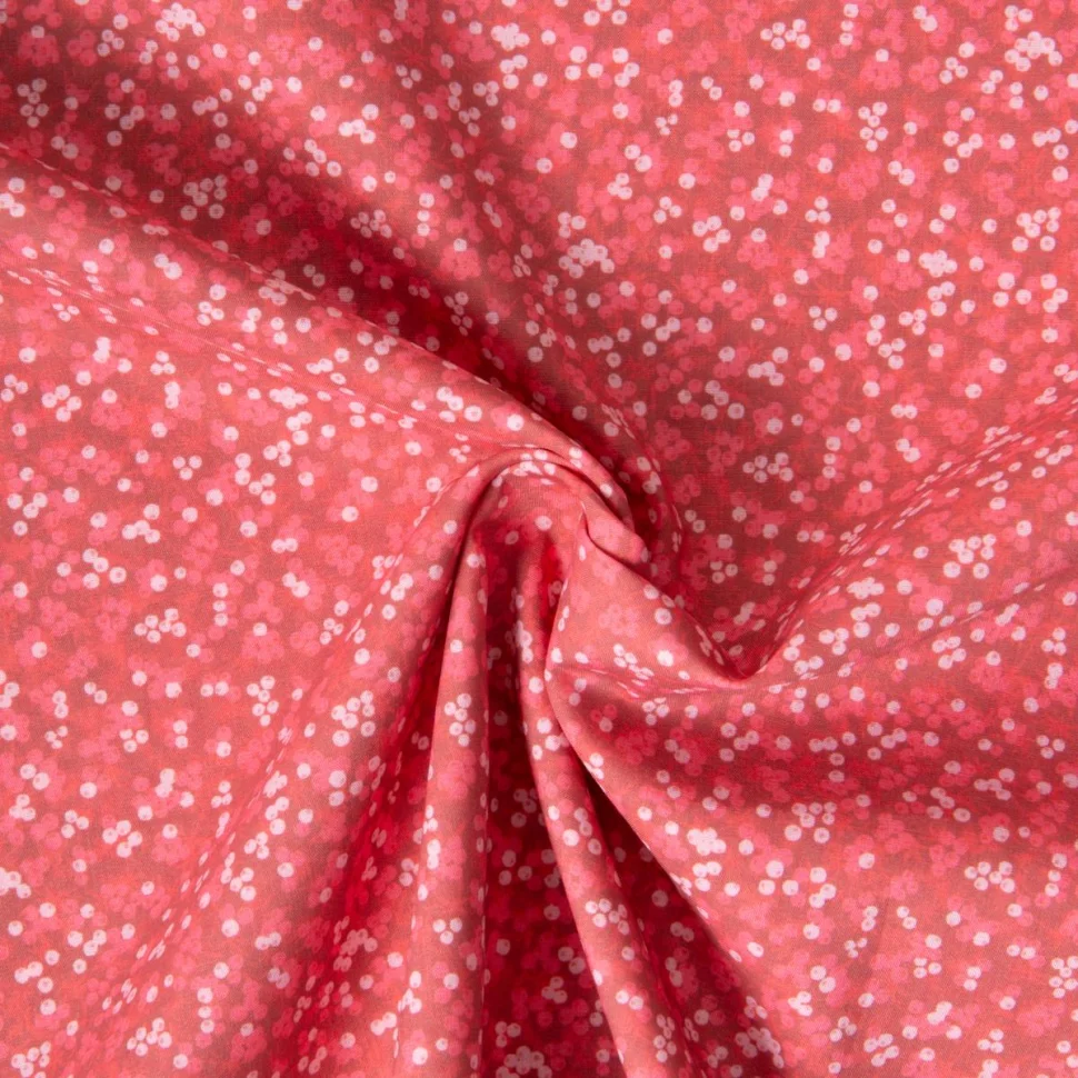 Tissu Voile de Coton digital imprimé fleurs miniatures blanc cassé & rose clair sur fond Rose corail