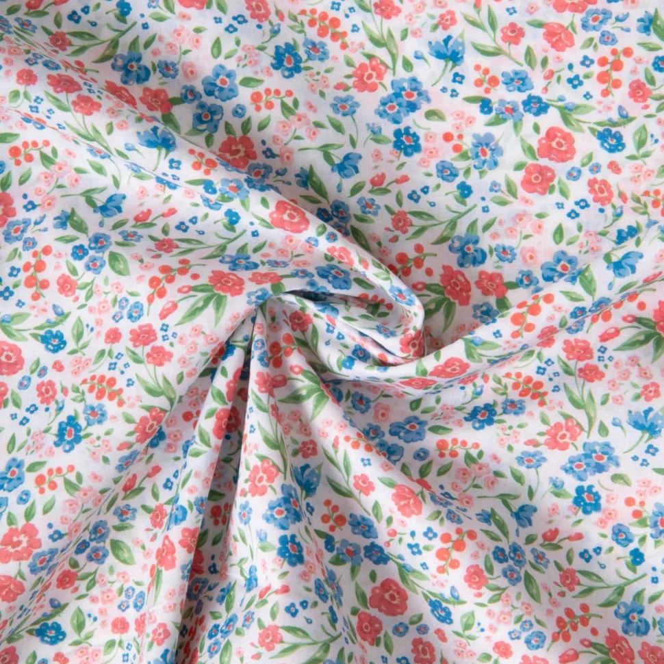Tissu Voile de Coton digital imprimé Jardin en Fleurs sur fond Blanc cassé