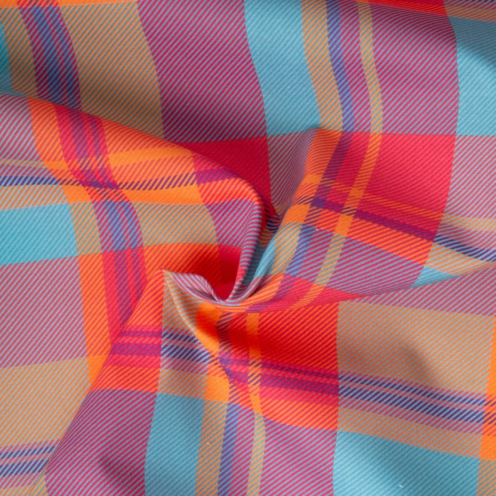 Tissu Madras Coton Carreaux rouge et jaune sur fond Bleu turquoise