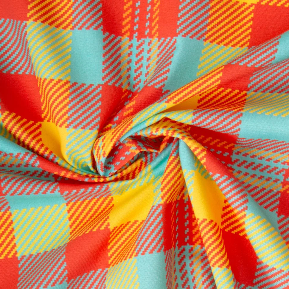 Tissu Madras Coton Carreaux rouge et turquoise sur fond Jaune