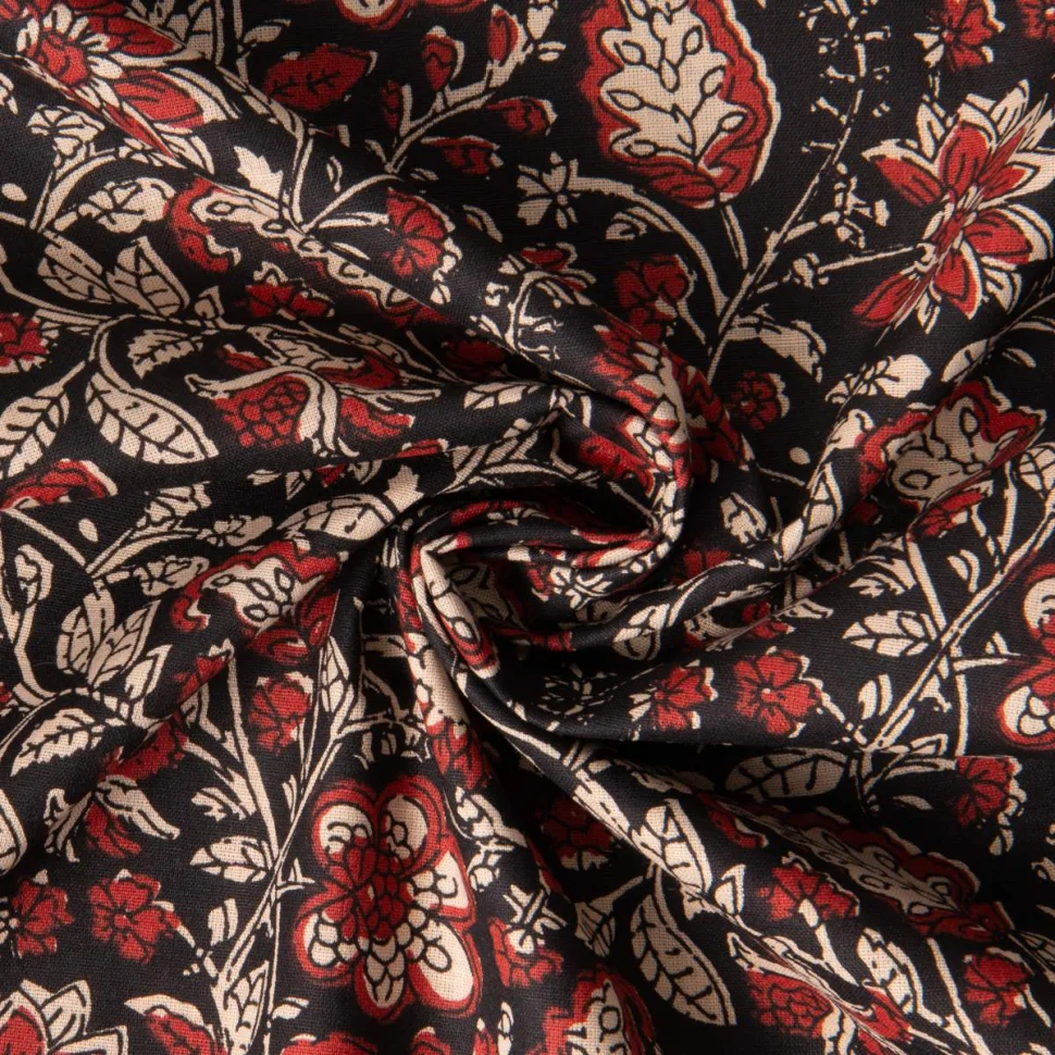 Tissu Voile de Coton indien Block print Tara floral sur fond Noir