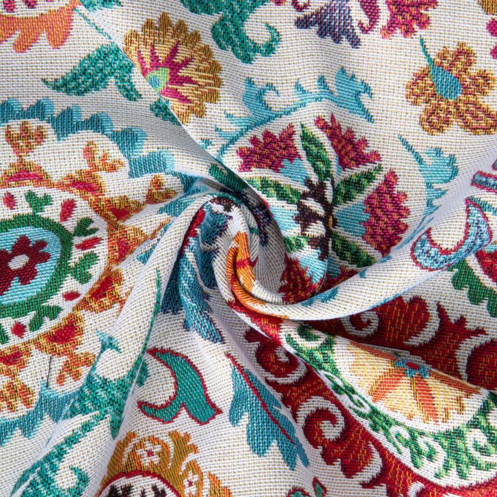 Tissu Jacquard d'ameublement Anatolie fleuris sur fond Blanc cassé