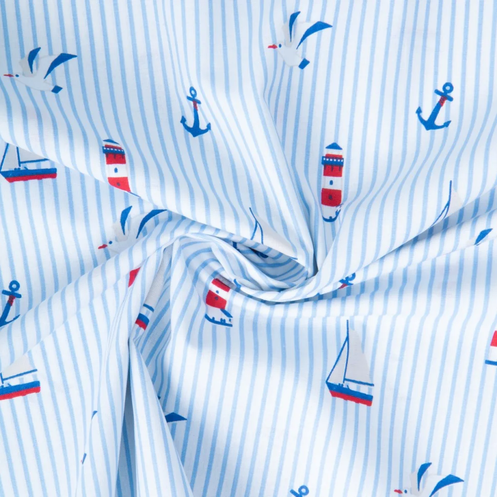 Tissu Coton imprimé Arty Esprit marin sur rayures Bleu ciel sur fond Blanc