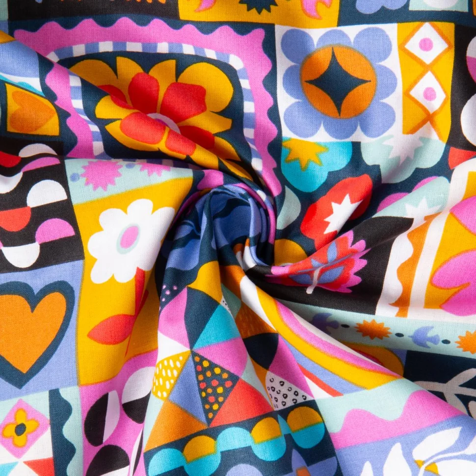 Tissu Coton imprimé  Arty Bimba multicolore sur fond Noir