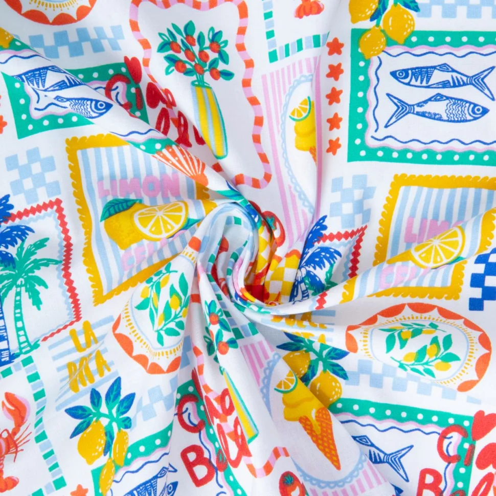 Tissu Coton imprimé Arty Ciao patchwork méditerranéen sur fond Blanc